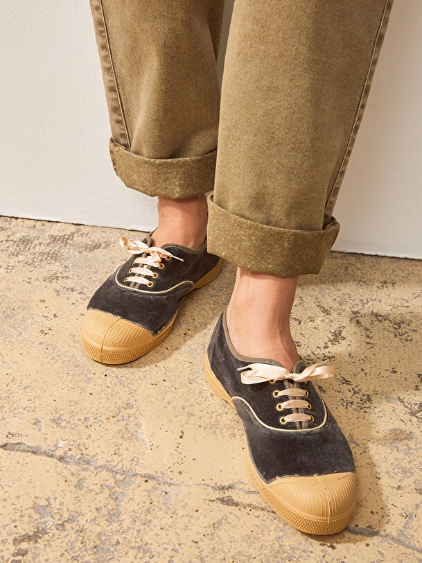 WOMAN VELVET LACE-UP TENNIS -  Grey twill , Tennis & Shoes Bensimon