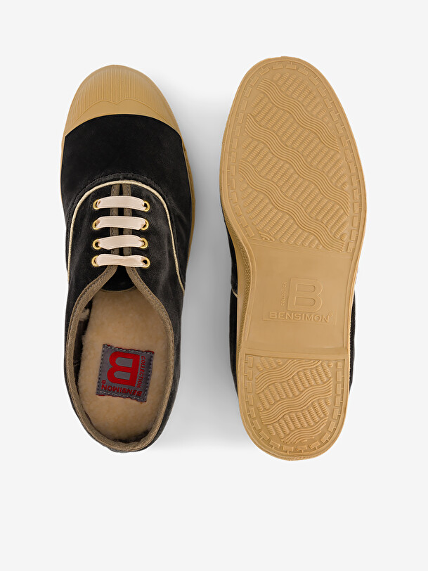 WOMAN VELVET LACE-UP TENNIS -  Grey twill , Tennis & Shoes Bensimon