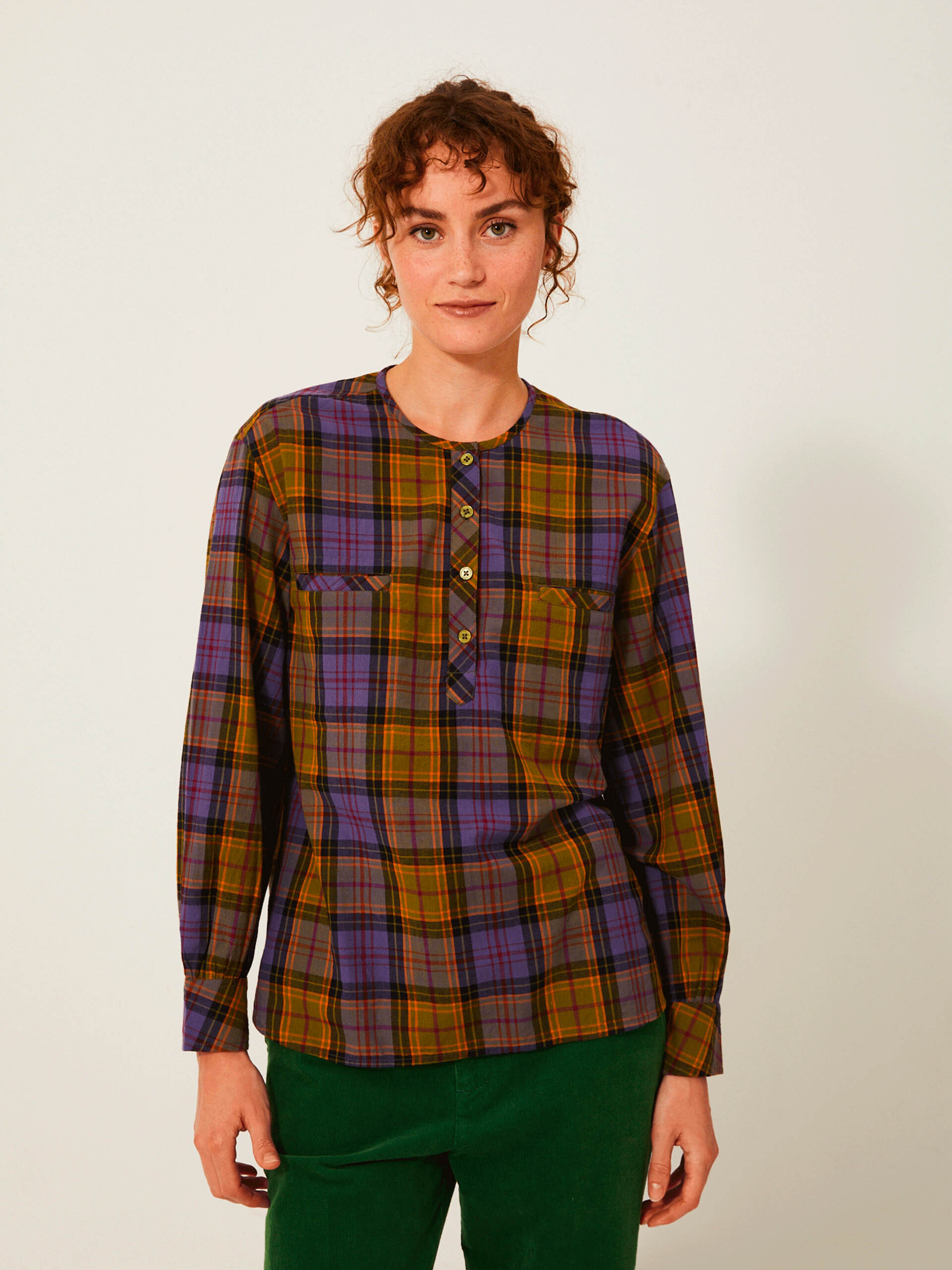 KELY BLOUSE -  Blue-kaki checks , Ready-to-wear Bensimon